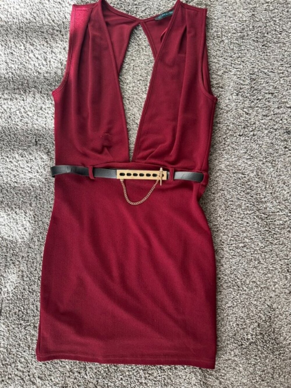 CALS Burgundy Deep V Bodycon Dress w/ Belt Detail